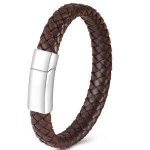 Braided Brown Leather Bracelet Silver Tone Clasp