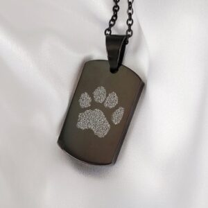 Dog Tag Urn Necklace & Chain (Your Beloved Pet's Own Paw Print) - Black/14K Gold/Stainless Steel