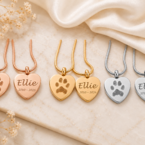 Pawprint Heart Urn Necklace & Chain (Your Beloved Pet's Own Paw Print) - Stainless Steel/Gold Plated/Rose Gold Plated