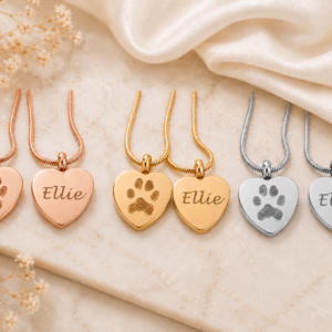Pawprint Heart Urn Necklace & Chain (Your Beloved Pet's Own Paw Print) - Stainless Steel/Gold Plated/Rose Gold Plated